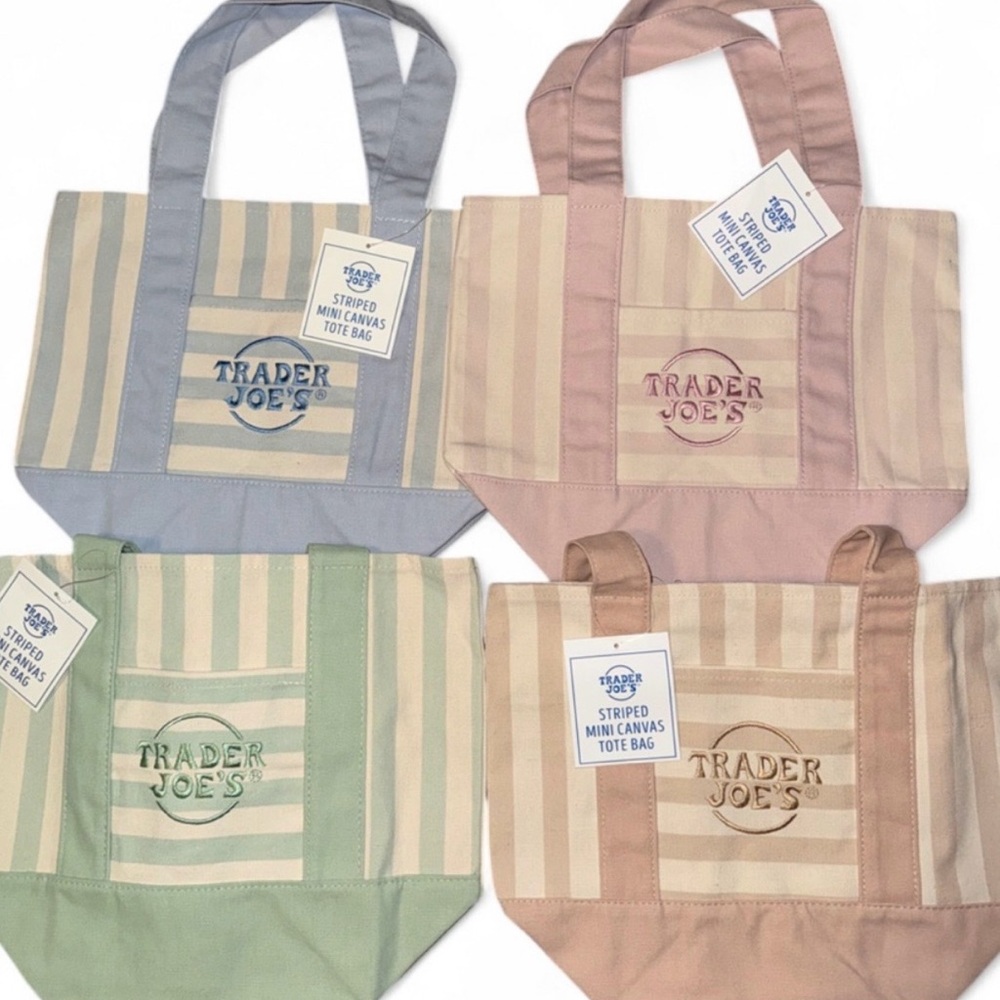Trader Joe's Striped Mini Pastel Canvas Tote SET - Pink, Blue, Green, Beige